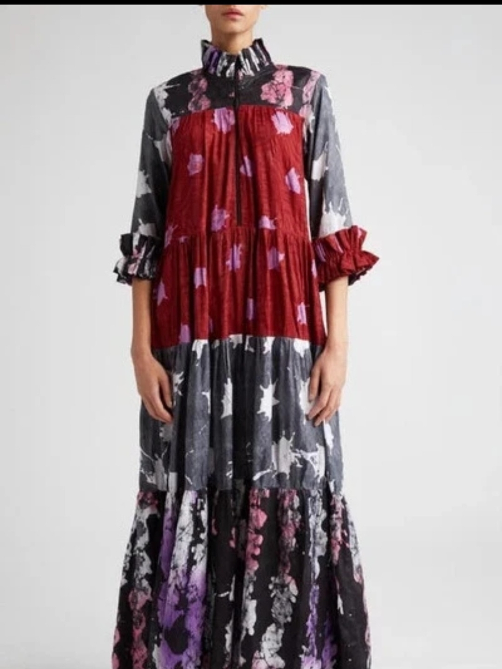 Mixed Floral Tiered Maxi Dress in Red, Gray, Purple